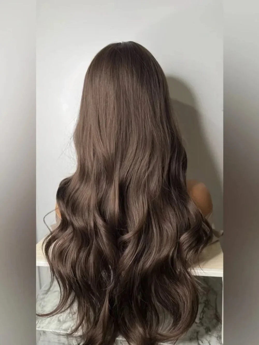 Long Mocha Brown Synthetic Wig w/ Bangs – 26” Wavy Hair – Natural Look
